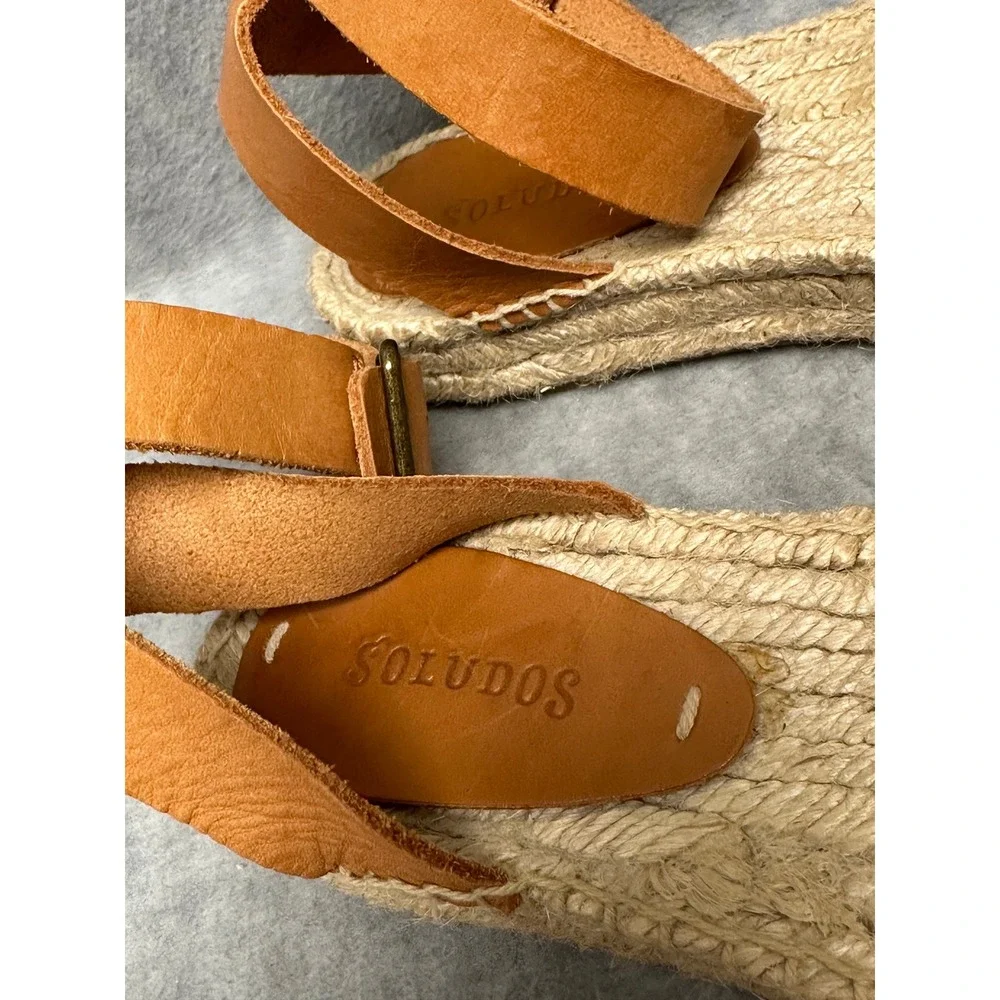 Soludos Espadrille Sandals‎ Tan Leather Ankle Strap Platform Jute Womens 5